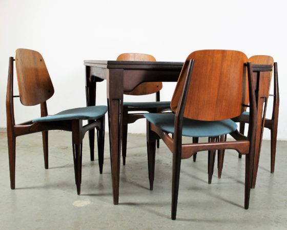 Teak veneer and rosewood dining extendable table & 6 chairs by Fratelli Proserpio, 1950s